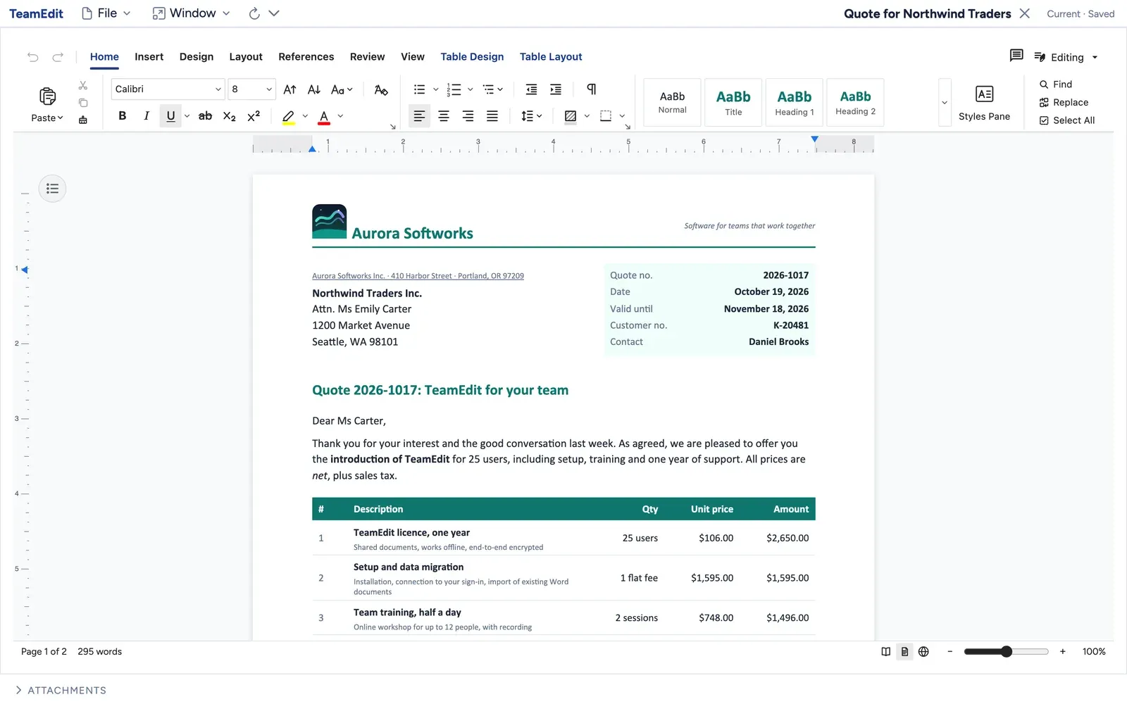 A quote from the demo documents: letterhead with logo, the address next to the quote details, and a price table – with the cursor in the table, the Table Design and Table Layout tabs appear.