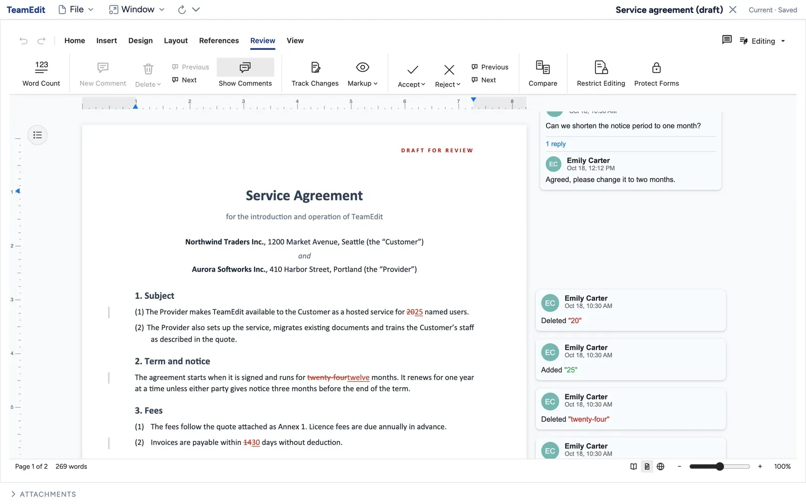 The contract under review: tracked changes in the text, accept and reject in the Review tab, and the comments with their replies next to the page.